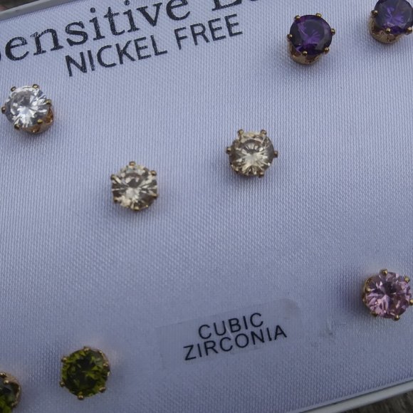 Sensitive ears nickel free cubic zirconia stud earrings 5 pairs - Picture 3 of 14
